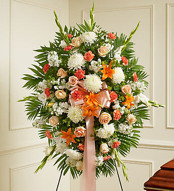 Deepest Sympathy Standing Spray-Peach/Orange/White